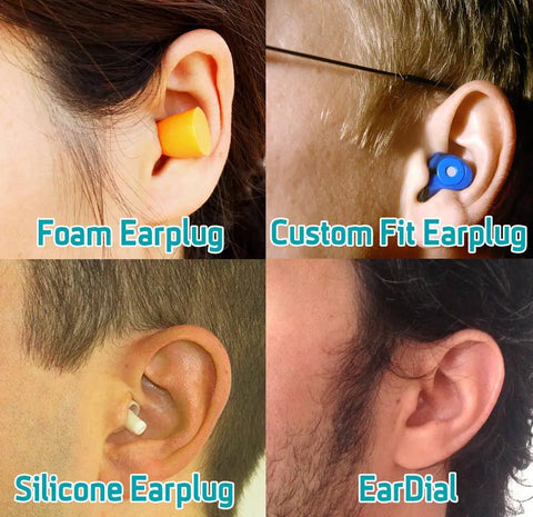 Different earplugs comparison: foam, custom fit, silicone, and EarDial, showing fit in ears with HiFi Earplugs for Concerts description.