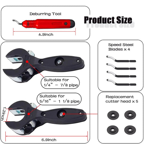 Diagram of the 2 Pack Ratcheting Tubing Cutter Set with 2 In 1 Close Quarters Design, showing product size and accessories