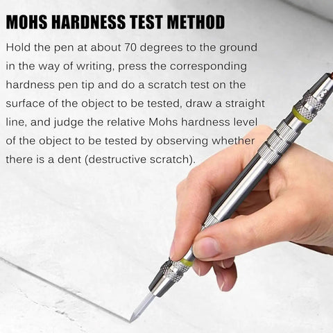 Dope Mohs Hardness Test Pen Set Kit, 2 To 9 Level Scratch Tester With Storage Box For Mineral Glass Tile Concrete And Coating Hardness Testing, Stainless Steel 155mm Pens With Dual End Tips, hand using pen on glass