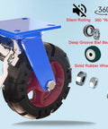 Tough As Nails Heavy Duty Industrial Caster Wheels 4 Pack showing blue steel bracket and solid rubber wheel with ball bearings.