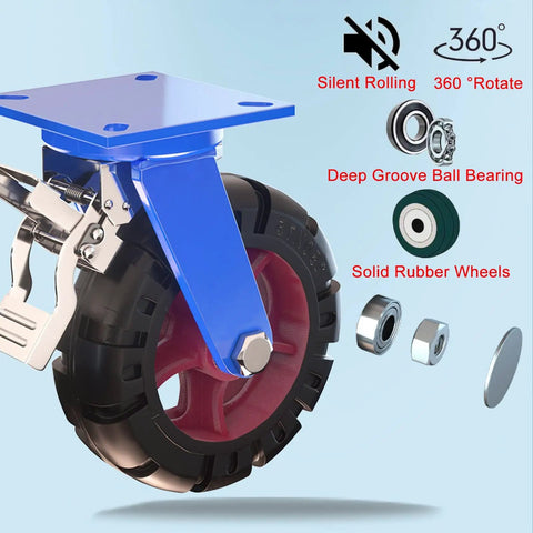 Tough As Nails Heavy Duty Industrial Caster Wheels 4 Pack showing blue steel bracket and solid rubber wheel with ball bearings.