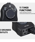 Close-up of Weatherproof Outdoor Timer Outlet with 11 timer functions and two grounded outlets, ideal for holiday lights and yard decor.