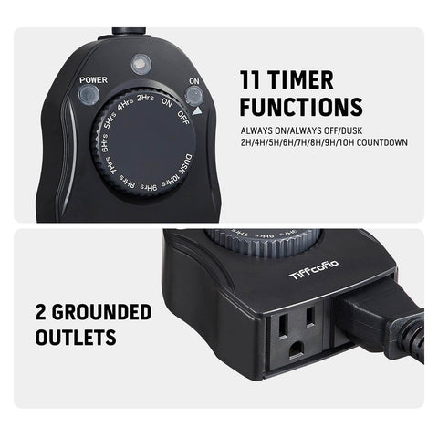 Close-up of Weatherproof Outdoor Timer Outlet with 11 timer functions and two grounded outlets, ideal for holiday lights and yard decor.