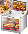 Heavy Duty Electric Food Dehydrator With Eight Roomy Stainless Trays, showcasing dried fruit slices and digital controls.