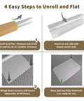 Clear Office Chair Mat For Carpeted Floors 63x51 Inches unrolling instructions with steps and visuals for flattening mat.
