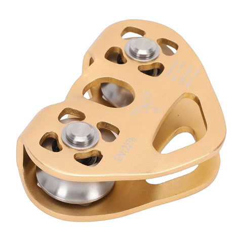 30KN Zipline Pulley Tandem Dual Trolley with aluminum alloy housing and stainless steel bearings, front view.