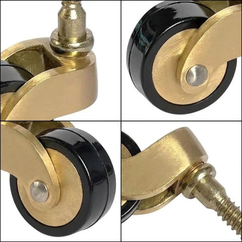 Close-up of Solid Brass Furniture Casters with black smooth rolling wheels, threaded stem for easy installation.