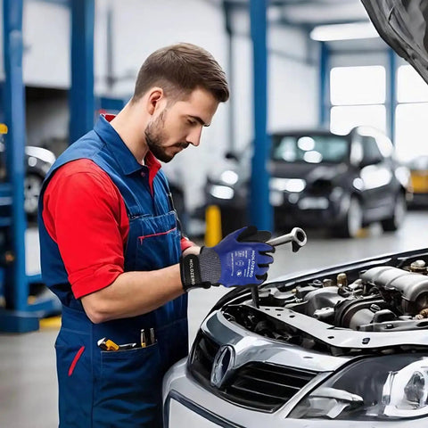 Mechanic wearing Cut Resistant Work Gloves A4 ANSI Nitrile Sandy Coated Waterproof Touchscreen Compatible For Heavy Duty Jobs And DIY Grippy Grip Superior Comfort And Protection 2 Pairs Large Blue while working on car engine
