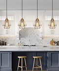 2 Pack Plug In Pendant Lights Matte Gold Vintage Brass Cage Fixtures With 15 Ft Cord And On Off Switch over kitchen island.