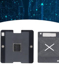 Six In One BGA Reballing Stencil Kit With Stainless Steel Magnetic Jig in front of blue digital background