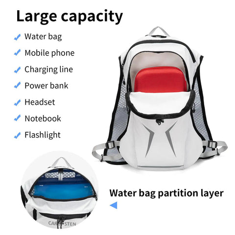 Lightweight Hydration Backpack For Running And Hiking With 1.5L Water Reservoir, storage compartments highlighted