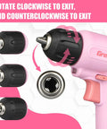 Front view of a Pink Cordless Drill Kit With Three-Eighths Inch Keyless Chuck, 23-Piece Accessory Set, Built-In LED, Type-C Charge Cable.