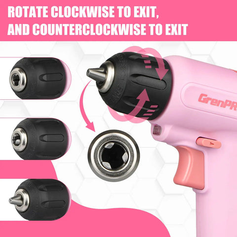 Front view of a Pink Cordless Drill Kit With Three-Eighths Inch Keyless Chuck, 23-Piece Accessory Set, Built-In LED, Type-C Charge Cable.