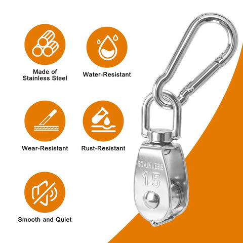 Heavy-Duty Treehouse Pulley System Kit With Dual Pulleys Nylon Rope Hooks Lifting Plates And Rope Cleat For Easy DIY Treehouse Lifts And Projects Ready To Use stainless steel pulley with carabiner, rust-resistant, 15 mm