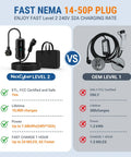Comparison between Level 2 EV Charger 32A With WiFi App And Plug And Play 240V NEMA 14-50P and OEM Level 1 charger, highlighting features and specs.