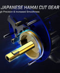 Close-up of Japanese Hamai cut gear in Chaos XS Round Baitcasting Reel For Saltwater Inshore Surf Trolling And Catfish Beefy Yet Smooth Conventional Reel With Reinforced Aluminum Frame Anti Line Skip Spool 60 Right Handed showing precision engineering.