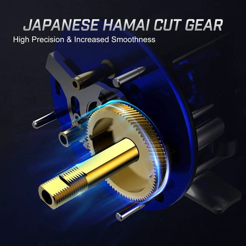 Close-up of Japanese Hamai cut gear in Chaos XS Round Baitcasting Reel For Saltwater Inshore Surf Trolling And Catfish Beefy Yet Smooth Conventional Reel With Reinforced Aluminum Frame Anti Line Skip Spool 60 Right Handed showing precision engineering.
