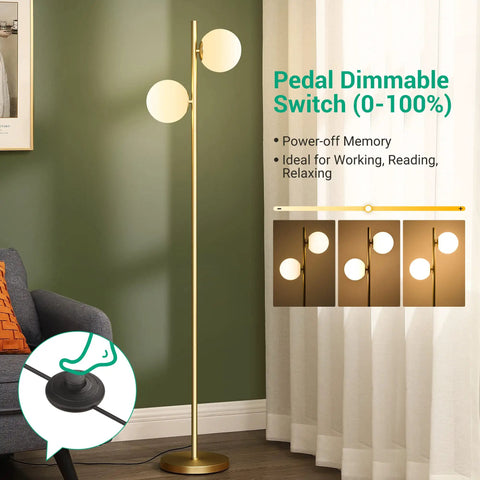 Mid Century Modern Floor Lamp With Built In LED Gold Globe, Stepless Pedal Dimmer, Two Frosted Glass Shades, Tall Corner Lamp With Hands Free Foot Control, Perfect For Living Room, Bedroom Or Office In Brass Finish placed beside a curtain, featuring a pedal dimmer switch detail.