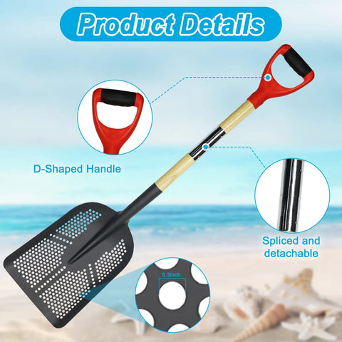 Beast Sand Sifter Shovel With Dense Hole Square Head And Wooden Handle for beach cleanup, shown with D-shaped handle and mesh details.