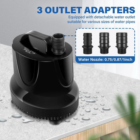 Front view of black bottom-suction submersible pump with 3 nozzle adapters.