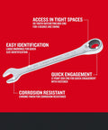 Shop Grade Twenty Piece Ratchet Wrench Set With Slick Chrome Plating And Big Bold Numbers Features Ninety Tooth Gears And Four Degree Swing For Cramped Underhood Jobs Sae Metric Combo Wrenches In Rock Solid Carry Case showing a 90-tooth ratcheting box end wrench with large size markings.