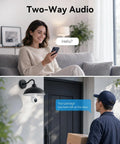 Straight Fire 2K Light Bulb Camera With Full Sweep Panning And Dead Reliable Dual Band Wifi For Home Security featuring a woman using phone with camera monitoring delivery.