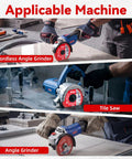 Four Point Five Inch Diamond Blade For Angle Grinder Cutting Concrete Tile Marble Granite And Glass shown on cordless angle grinder, tile saw, and angle grinder.