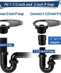 Diagram of Freestanding Tub Drain Rough In Kit With Brass Pipe And ABS Pipe For Freestanding Bathtubs CUPC Certified Includes Drop In Plate Brass Tailpiece ABS Adapter Overflow Gasket Lubricant And Super Easy Install Instructions showing P-trap connection and adapter sizes.