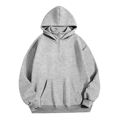 Cozy Comfy Fleece Half Zip Hoodie For Women Oversized Cute Sweatshirt In Grey Wind Blocking Stand Up Collar Front View