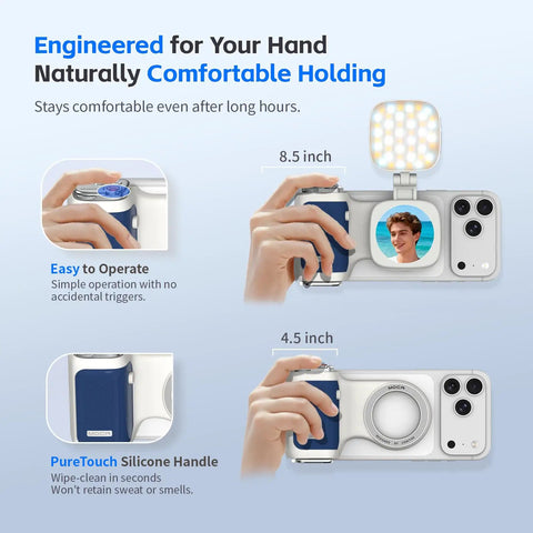 Person holding Magnetic iPhone Camera Grip With LED Fill Light And Mirror For iPhone 17 Pro, showing silicone handle details.