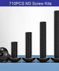 All In One M3 Screw Kit For 3D Printing With 710 Pcs Eight Lengths Of Screws displayed in varying heights on blue background