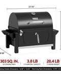 Portable Charcoal Grill With Warming Rack, Tabletop Outdoor Grill for Camping and Picnics, 303 sq in, black with dimensions