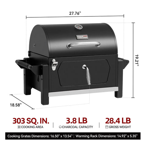 Portable Charcoal Grill With Warming Rack, Tabletop Outdoor Grill for Camping and Picnics, 303 sq in, black with dimensions