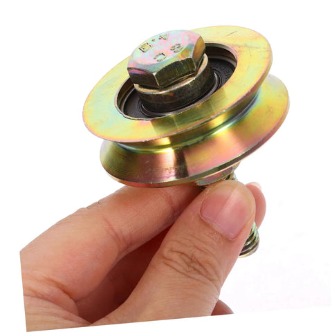 Close-up of a 50mm heavy duty sliding shower door roller with U-shaped track replacement wheel for industrial bathroom doors.