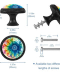 Four Piece Round Cabinet Knob Set For Kids Drawer Pulls And Cupboard Handles With Screws, multicolored, dimensions shown.