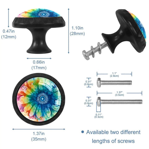 Four Piece Round Cabinet Knob Set For Kids Drawer Pulls And Cupboard Handles With Screws, multicolored, dimensions shown.