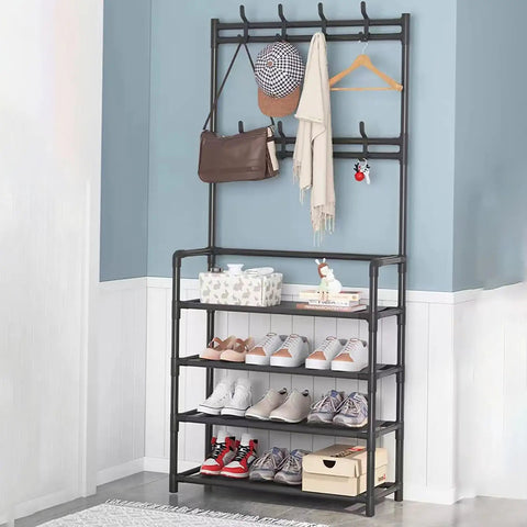Three In One Tree Storage Bench With Industrial Shoe Rack And Eight Hooks Space Saving Organizer in room setting