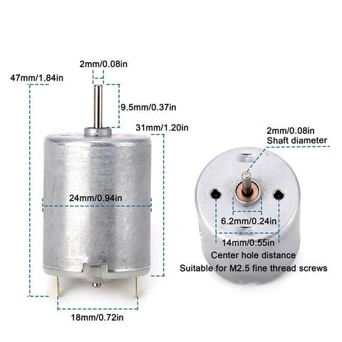 Micro DC Motor Kit For RC Boats And DIY Projects, 3V To 12V Operation, showing dimensions and shaft details
