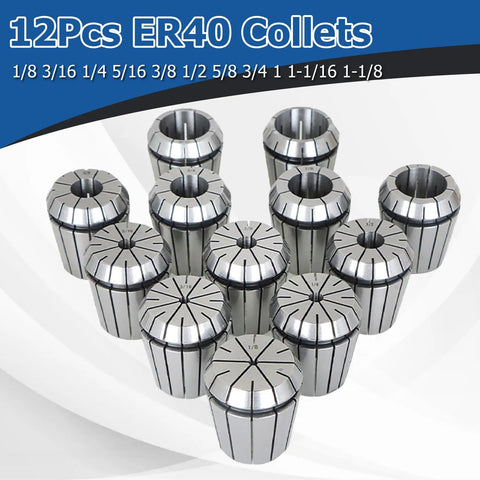 12Pcs ER40 Collets Set With Common Size Range From 1/8 To 1-1/8 Inch For Boring Milling Drilling Tapping Engraving And CNC Spindle Machines Pro Grade Quality Shop Ready 0.0003 Inch Tolerance 5um 100 Percent Tested
