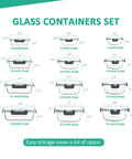 24 Piece Glass Food Storage Set With Airtight Lids BPA Free Freezer Microwave And Oven Safe Includes 12 Glass Containers And 12 Lids Three Shapes And Twelve Sizes Great For Meal Prep And Leftovers Gray, image showing glass containers with dimensions and capacities.