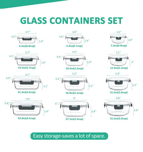 24 Piece Glass Food Storage Set With Airtight Lids BPA Free Freezer Microwave And Oven Safe Includes 12 Glass Containers And 12 Lids Three Shapes And Twelve Sizes Great For Meal Prep And Leftovers Gray, image showing glass containers with dimensions and capacities.