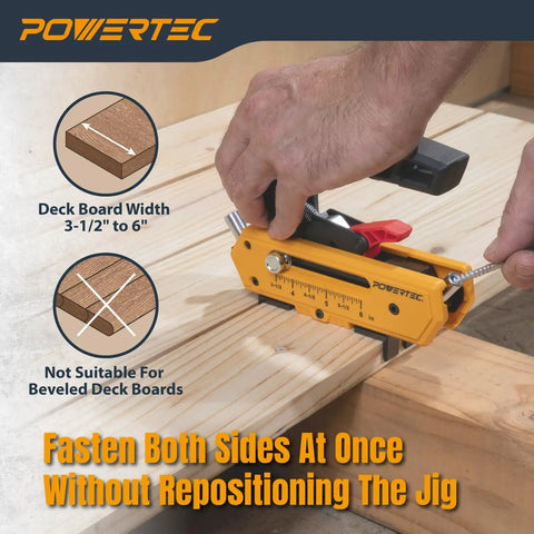 Heavy Duty Edge Deck Screw Jig Kit With T15 Torx Bit Plus Three Precise Board Spacing Settings For Smooth Hidden Fastening On Thirty Five To Six Inch Wood Or Composite Planks Fitting Standard Number Ten Screws For No Sweat Deck Builds, demonstrated on wood.