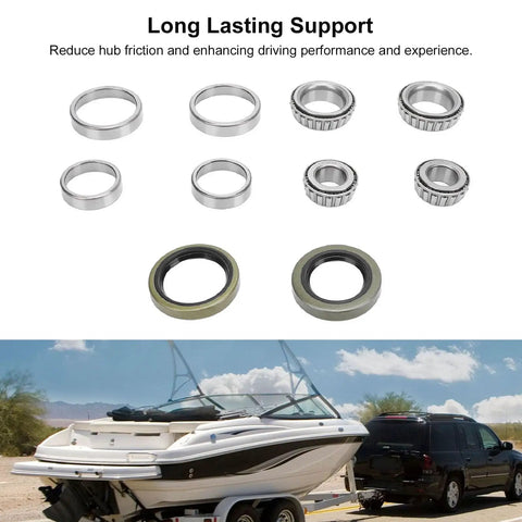 Beefed Up Complete Trailer Wheel Hub Bearings Kit For One And One Sixteenth Inch Boat Trailer Axles With Seals shown beside boat trailer