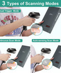 Handheld Barcode Scanner With USB Wired Connection, 1D 2D and PDF417 Data Matrix Reader demonstrating three scanning modes
