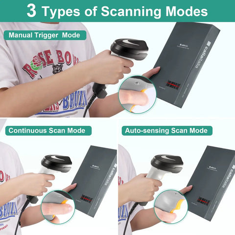 Handheld Barcode Scanner With USB Wired Connection, 1D 2D and PDF417 Data Matrix Reader demonstrating three scanning modes