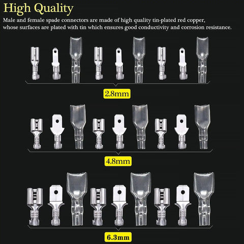 360 Piece Quick Splice Wire Spade Connector Kit 2.8mm 4.8mm 6.3mm Male and Female Crimp Terminals With Insulating Sleeves