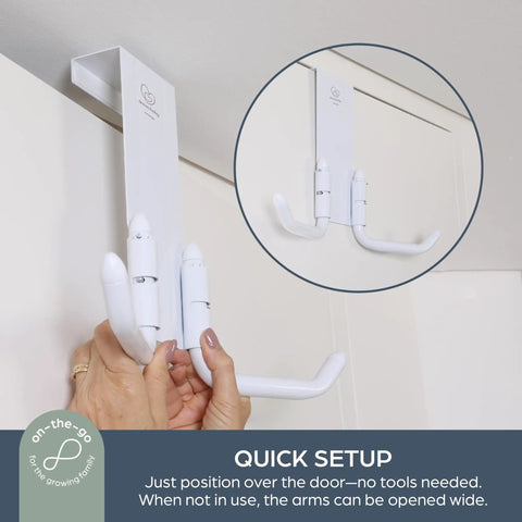 Over The Door Stroller Hanger No Drill Heavy Duty Metal Holds 50 Lb Adjustable Arms displayed being installed without tools