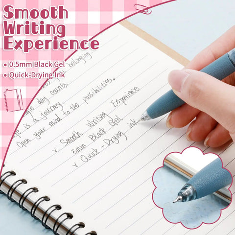 Person writing with a 12 Pack Fidget Spinner Pens For Adults With Black Gel Ink, stress relief spinner ball in a notebook.