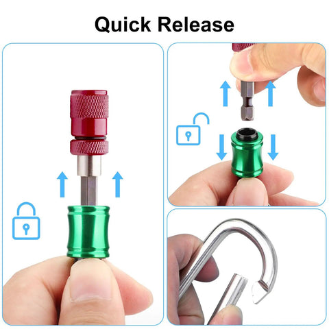 Portable One Quarter Inch Hex Shank Screwdriver Bits Holder Extension Bar Keychain with red and green bits and quick release lock.
