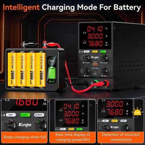 Pro Grade Adjustable Bench Power Supply 30V 10A With Switching Regulated Output Intelligent Charging Mode Real Time Ah Display 18W USB Interface Precision Encoder Knob Safe Auto Charge Black showing features